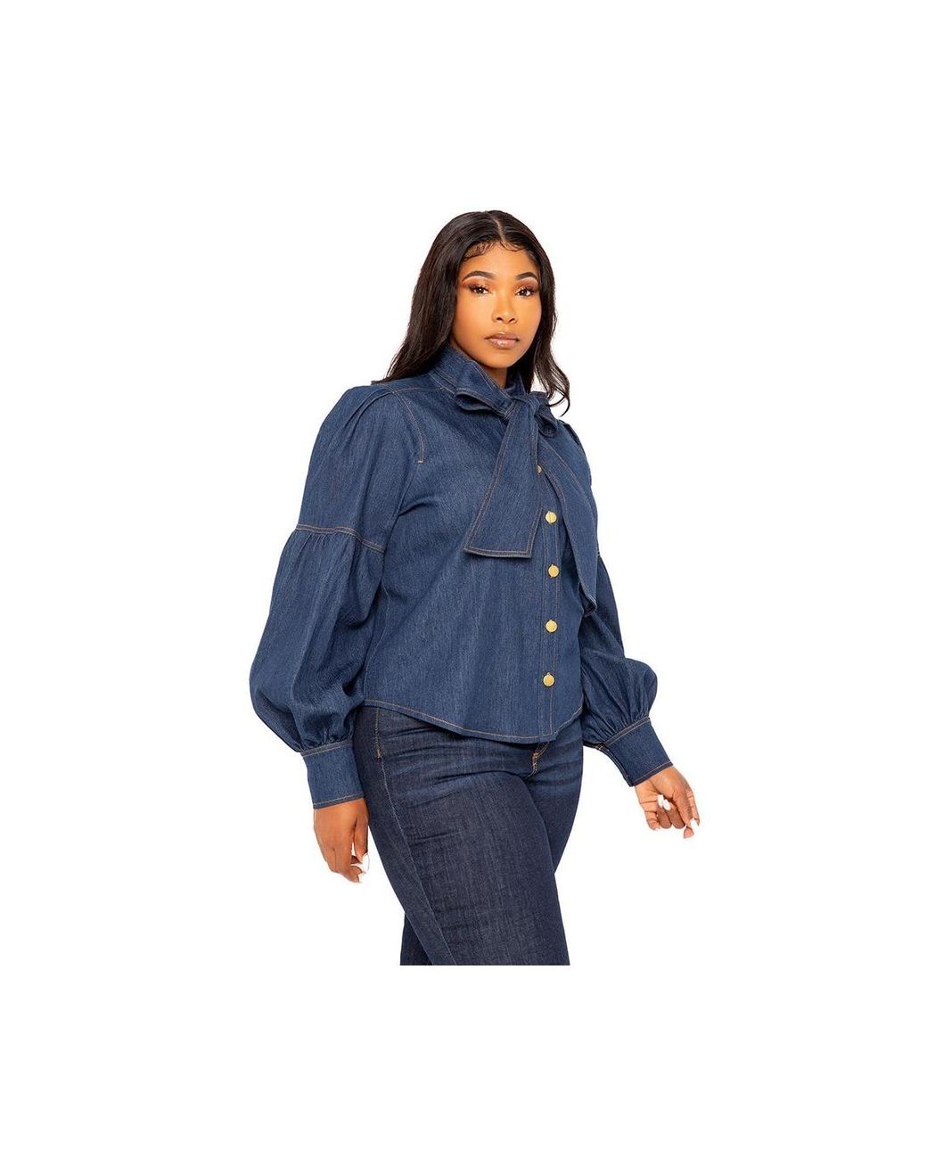 Buxom Couture Plus Size Bow Neck Puff Sleeve Denim Blouse in Blue | Lyst
