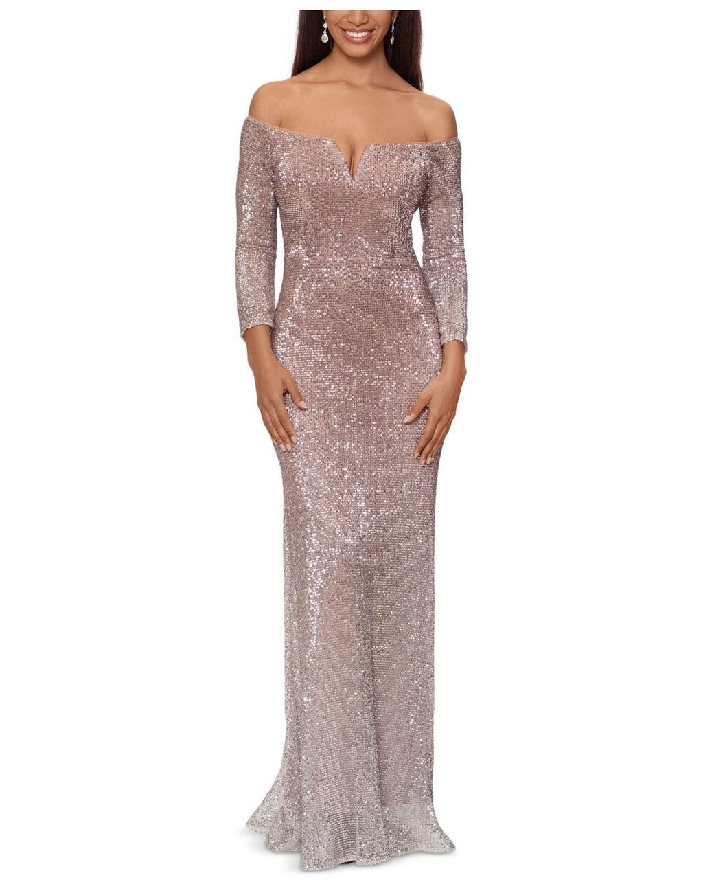 sequin off the shoulder gown