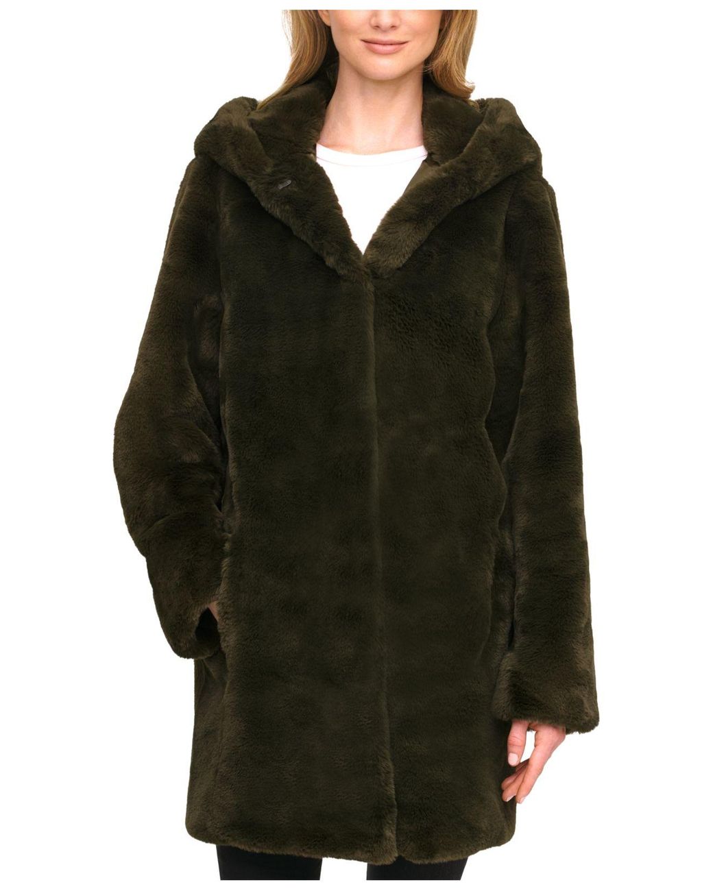 dkny faux fur coat with hood