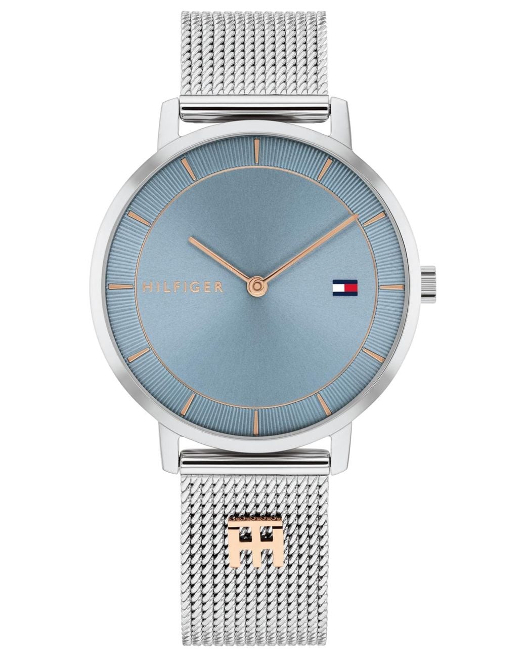 Tommy Hilfiger Blue Quartz -tone Stainless Steel And Carnation Gold Steel Mesh Bracelet Watch 35mm