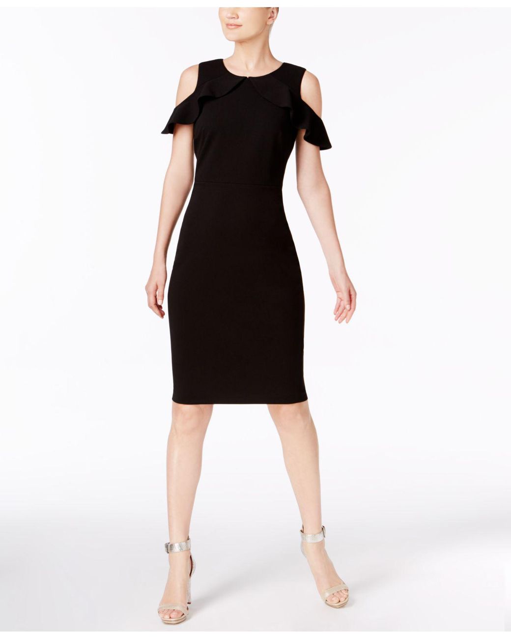 Calvin Klein Ruffled Cold-shoulder Dress in Black | Lyst