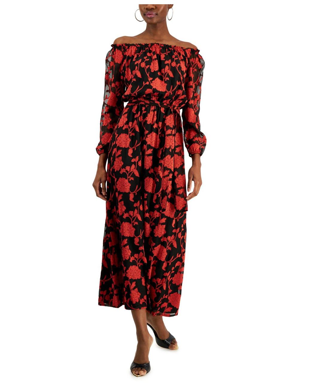 Inc International Concepts Floral Print Off The Shoulder Maxi Dress Created For Macys In Red 1375