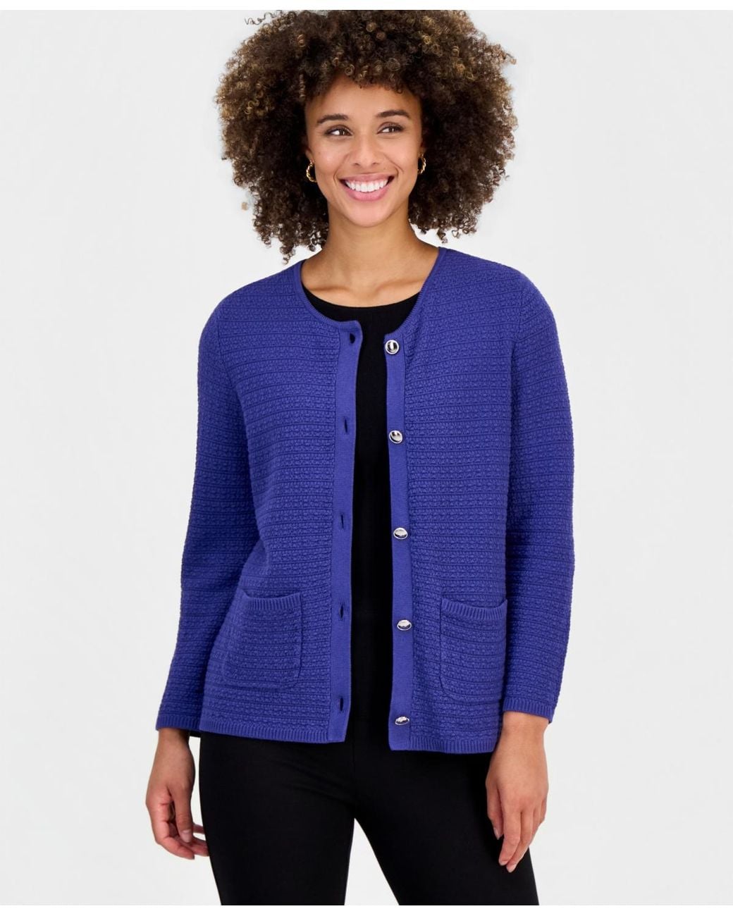 Kasper Blue Collarless Button-front Cardigan