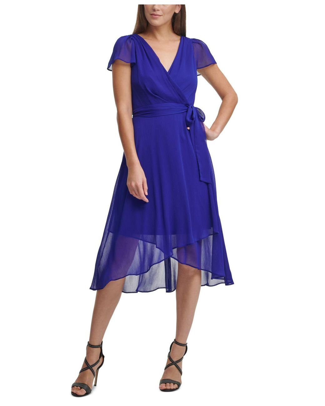 DKNY Ruffled Flutter sleeve Faux wrap Dress in Blue Lyst