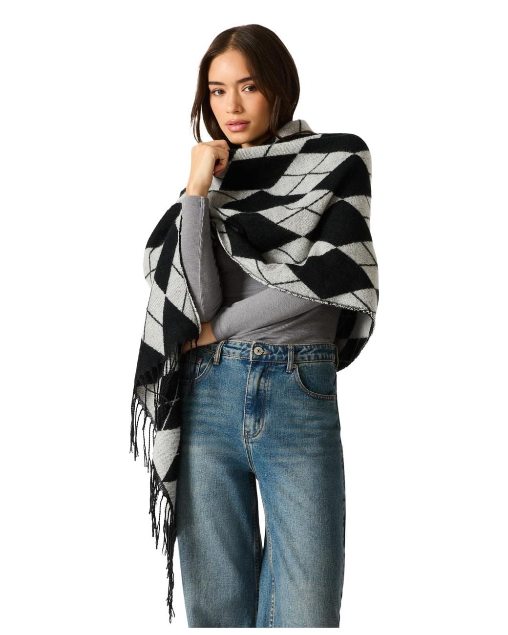 Steve Madden Black Two-tone Argyle Midweight Scarf