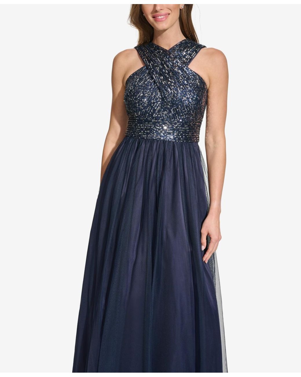 Eliza J Wrap neck Sleeveless Sequin Tulle Gown in Blue Lyst