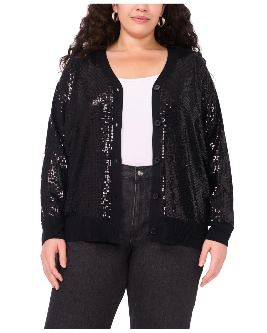 Vince Camuto Black Plus Size Sequined V-neck Cardigan Sweater