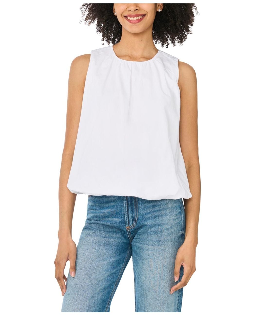 Cece White Solid Crewneck Bubble Top