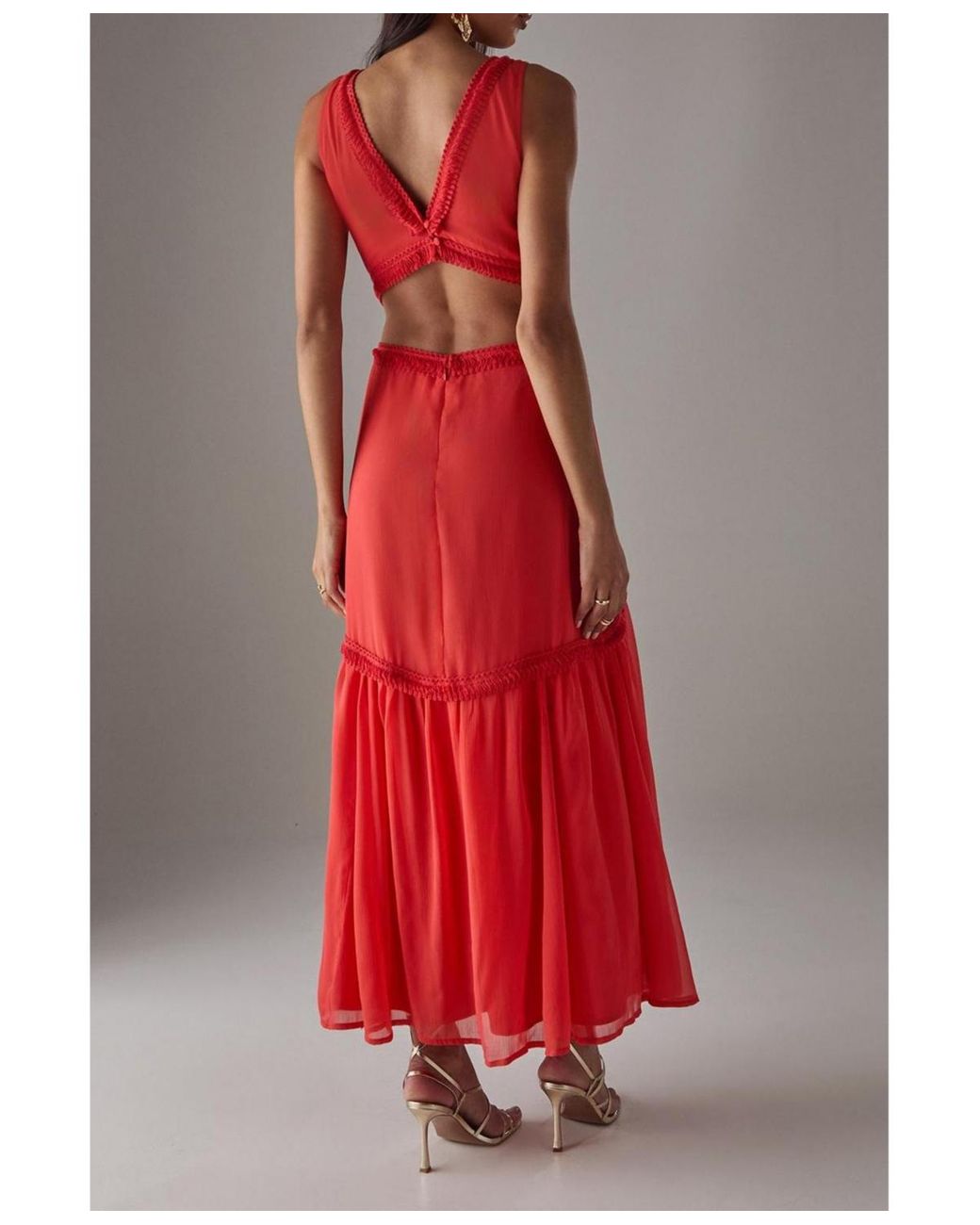 Warehouse Red Chiffon Fringe Trim Cut Out Maxi Dress