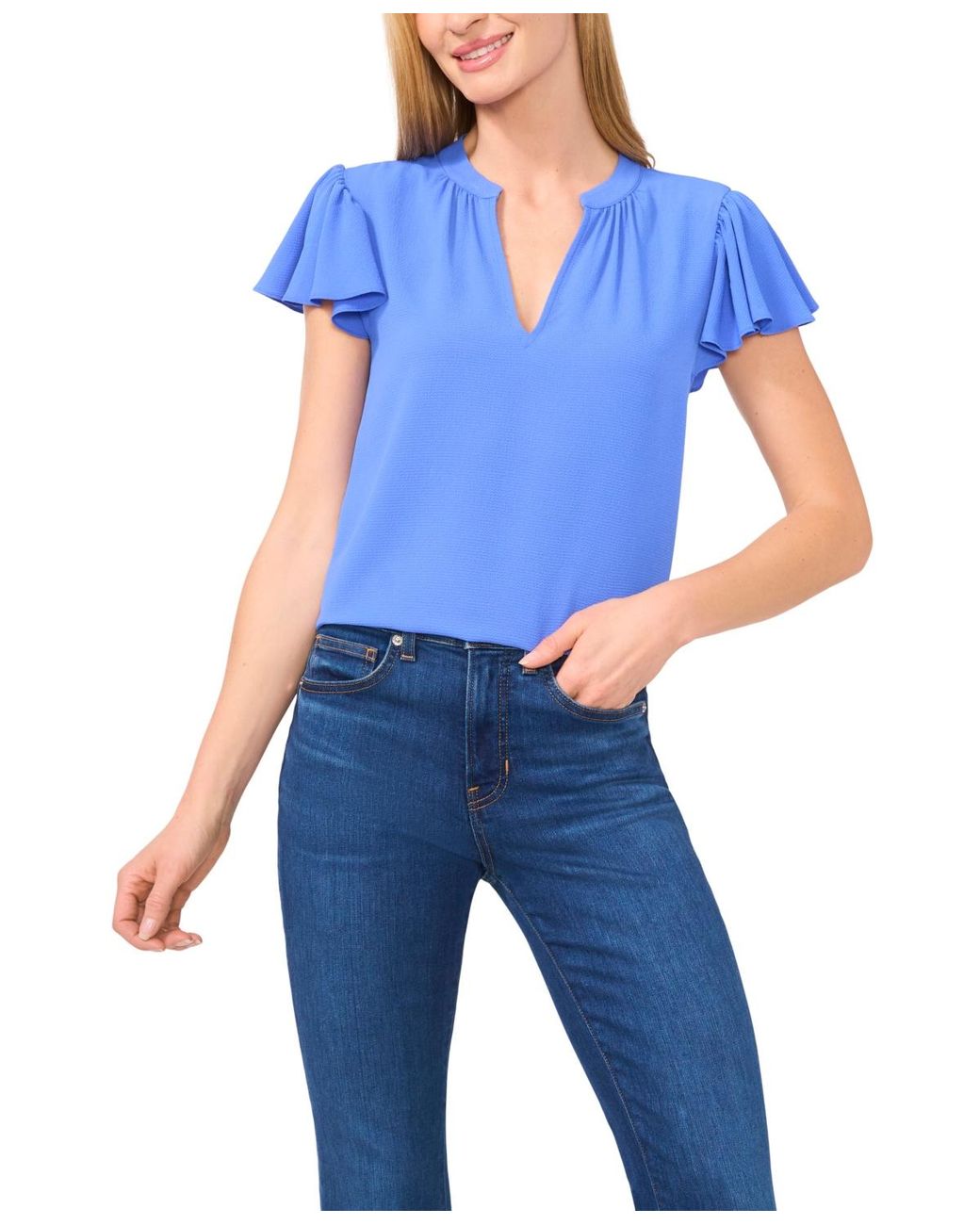 Cece Blue Short Ruffled Sleeve Solid V-neck Blouse