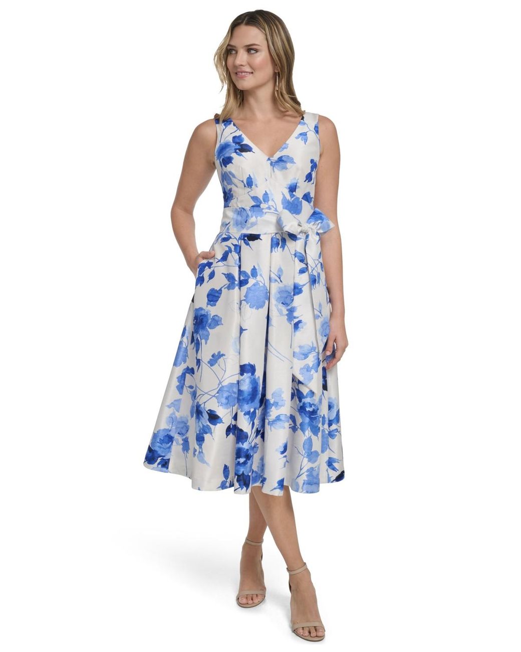 Jessica Howard Petite Shantung Sleeveless V-neck Dress in Blue | Lyst