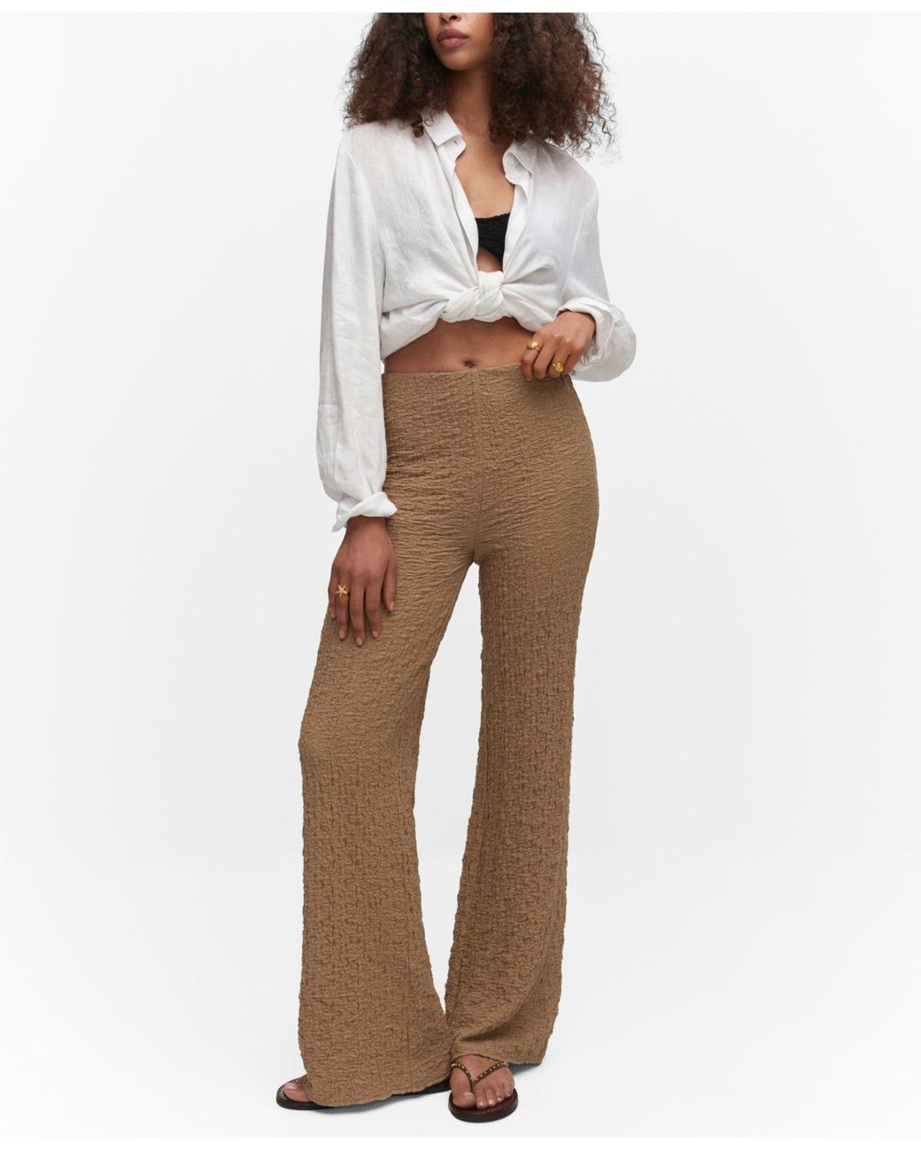 Mango Textured Wide Leg Trousers in White | Lyst