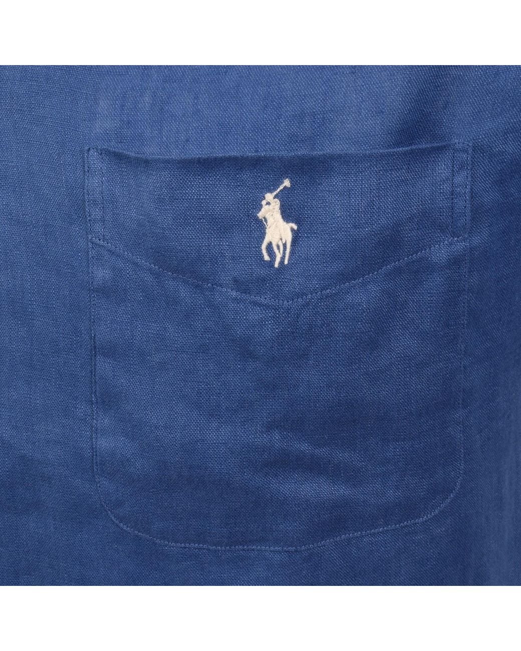 Ralph Lauren Blue Linen Short Sleeve Shirt for men