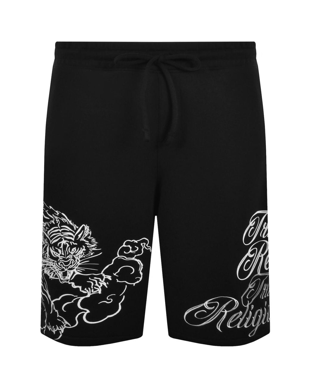 True Religion Black Tiger Script Fleece Shorts for men