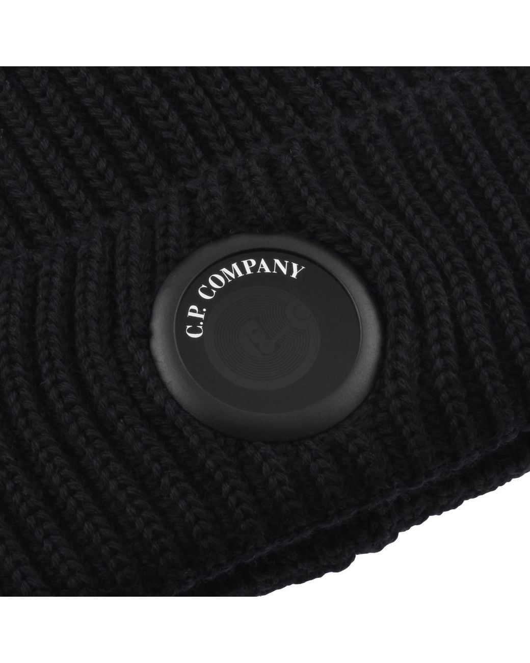 C P Company Black Cp Company Lens Beanie Hat for men