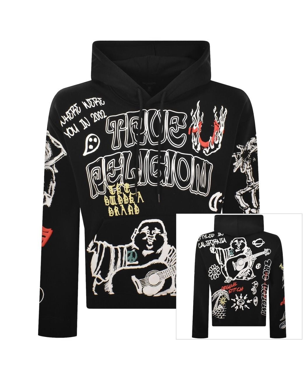 True Religion Black Sketched Logo Boxy Hoodie for men