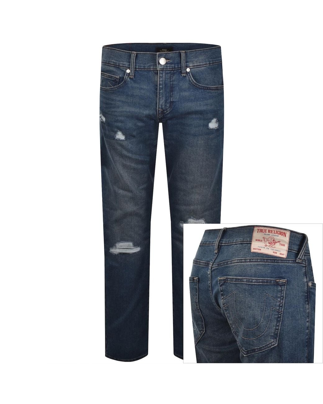True Religion Blue Ricky Rip Repair Straight Jeans for men