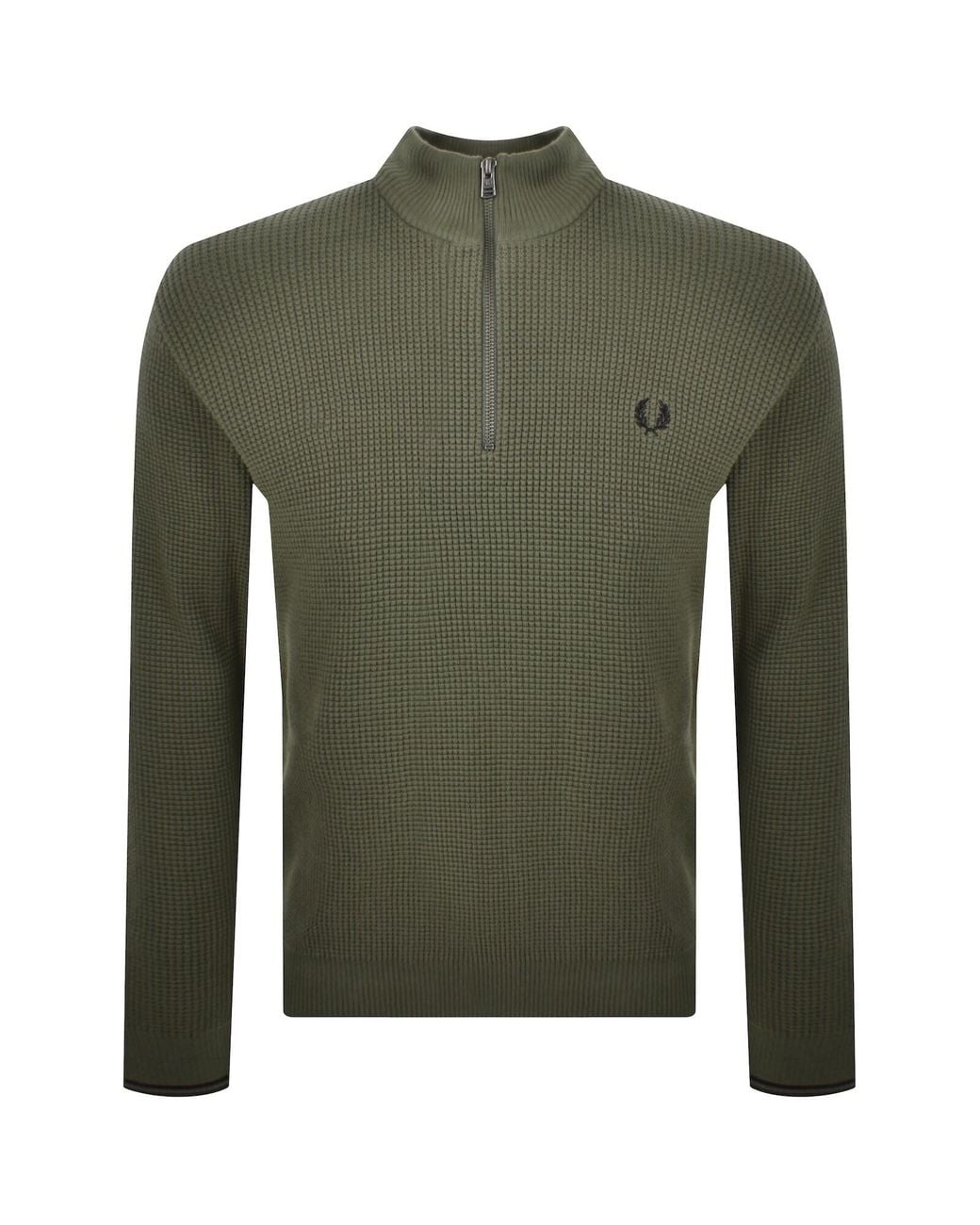 Fred Perry Green Half Zip Waffle Knit Jumper for men