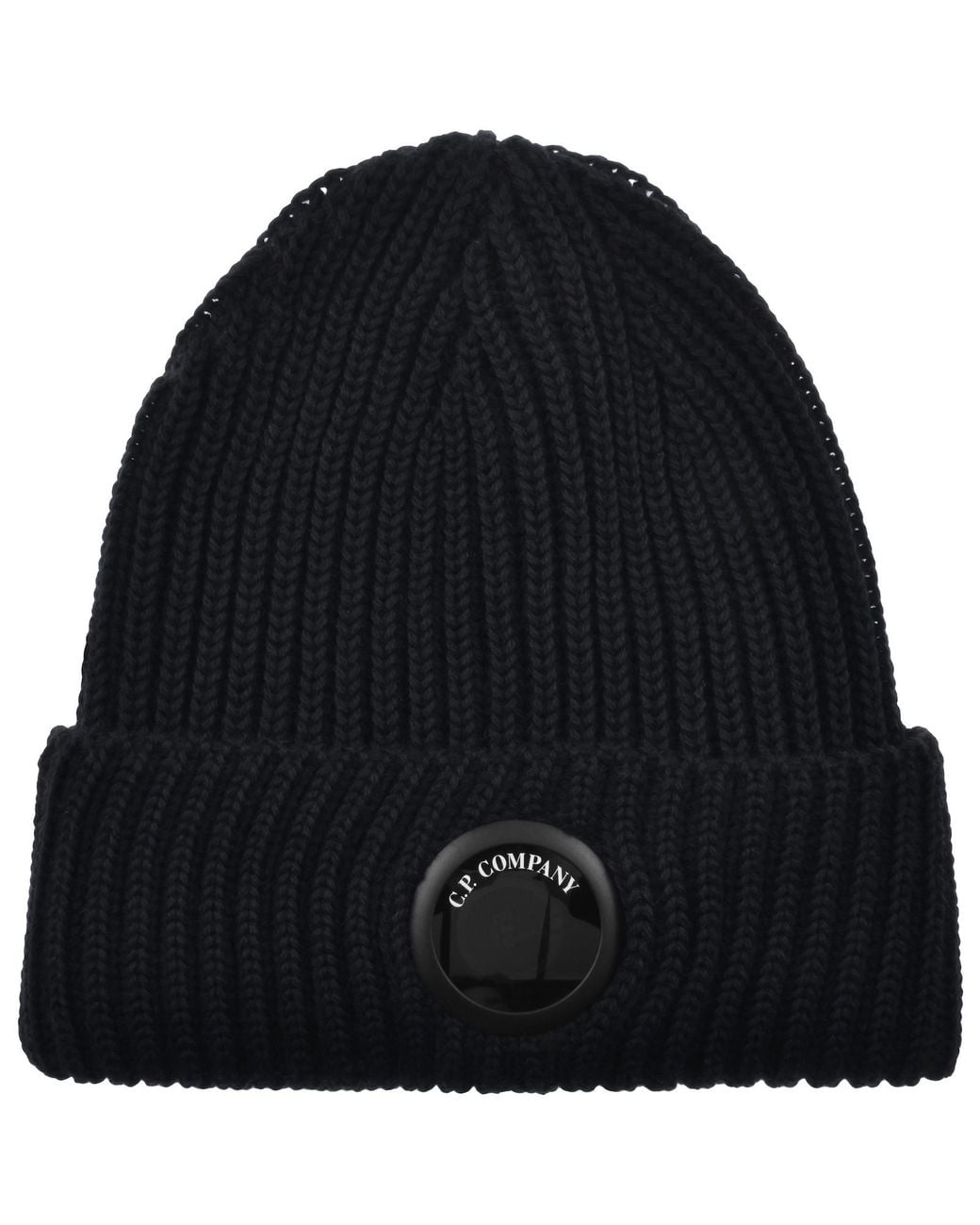 C P Company Black Cp Company Lens Beanie Hat for men