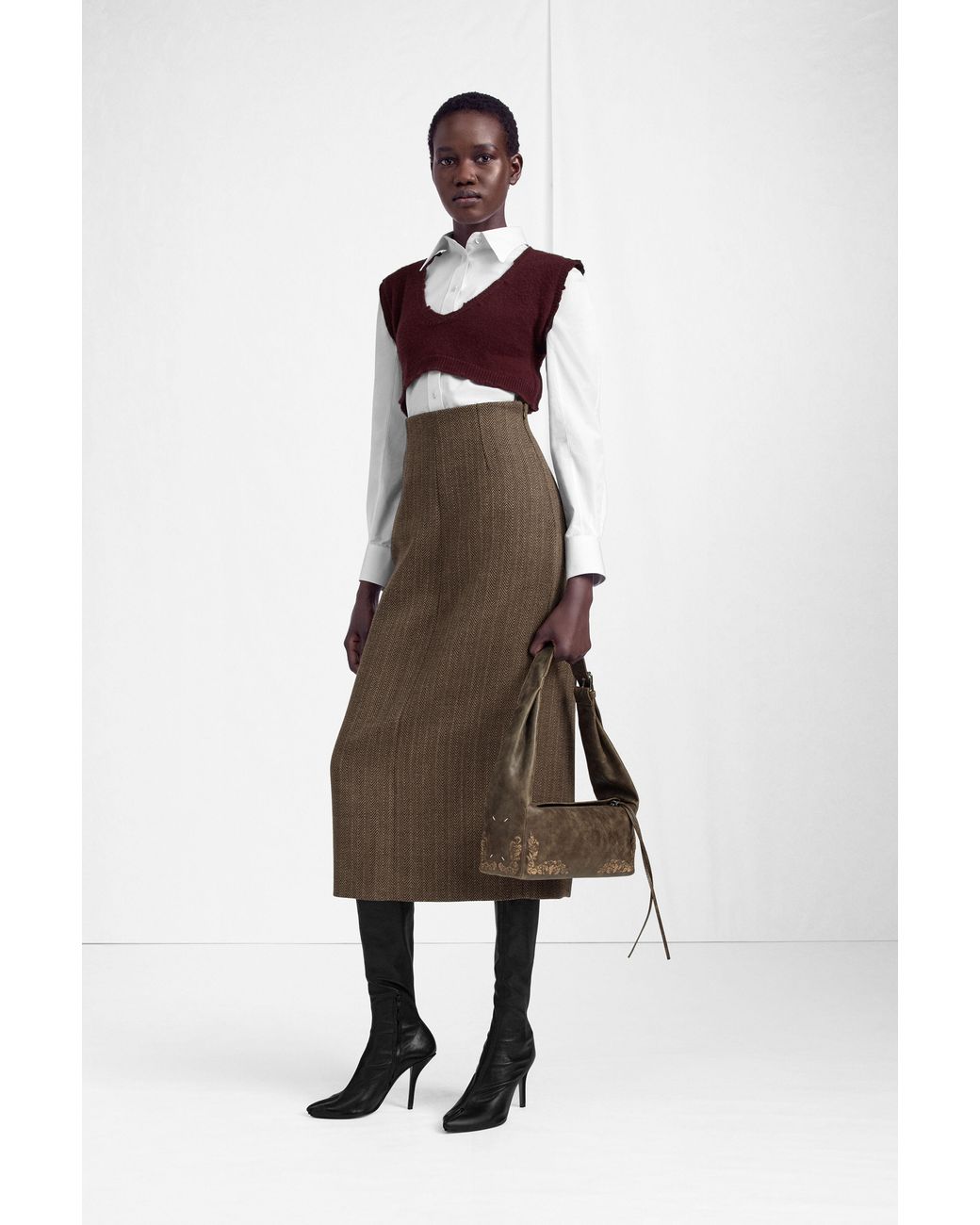 Maison Margiela Brown Herringbone Virgin Wool Midi Skirt