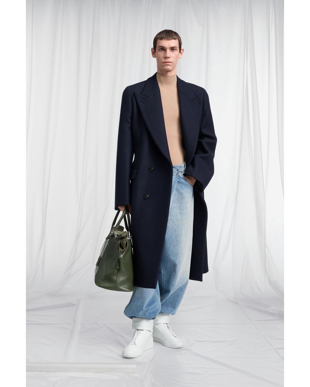 Maison Margiela Blue Double-Breasted Wool Overcoat for men