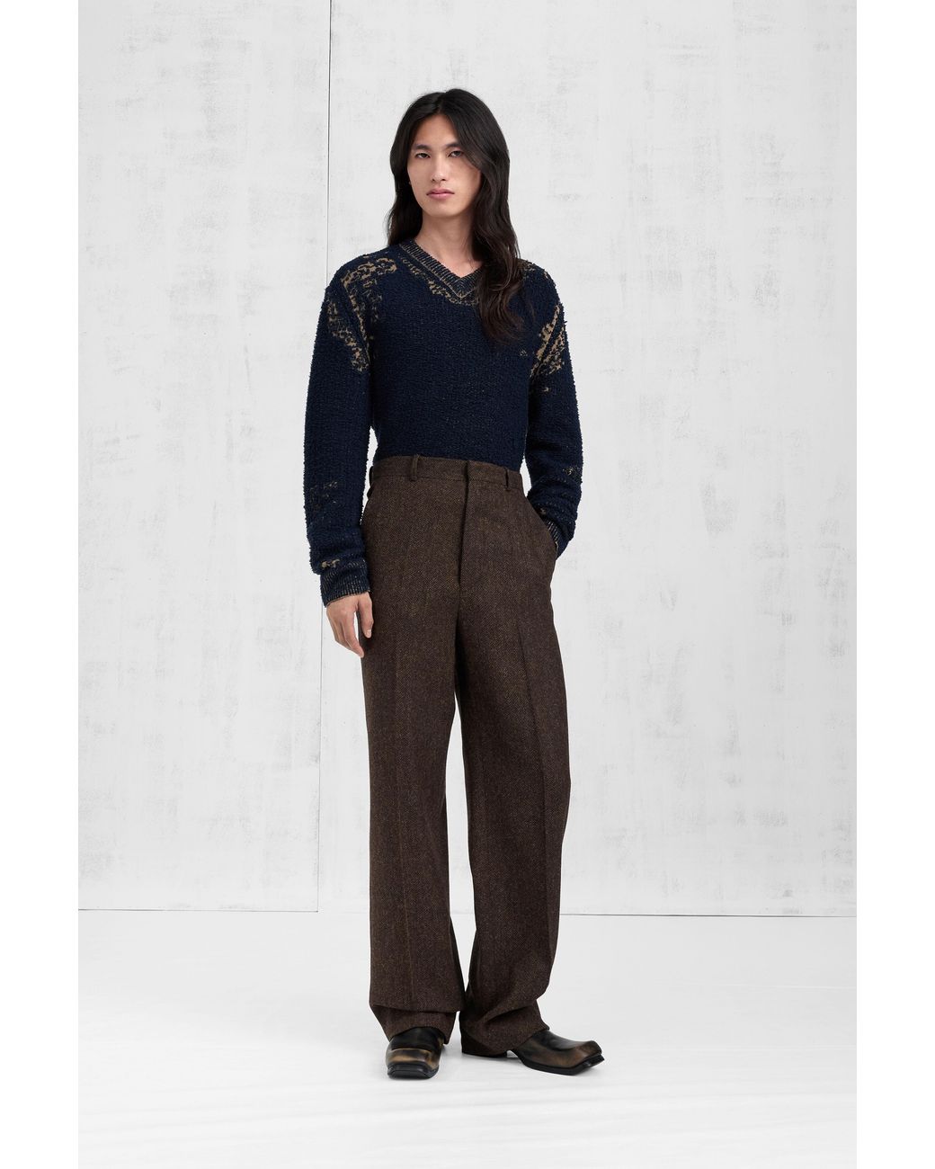 Maison Margiela Brown Herringbone Wool Trousers for men