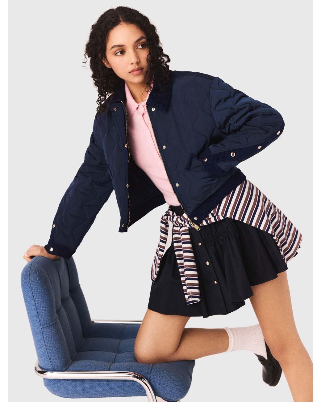 Maje Blue Quilted Jacket With Velvet Details