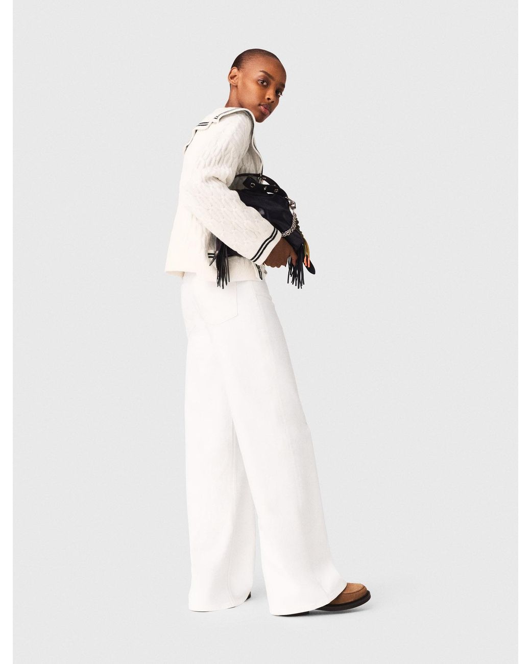 Maje White Cable-Knit Boat Neck Cardigan