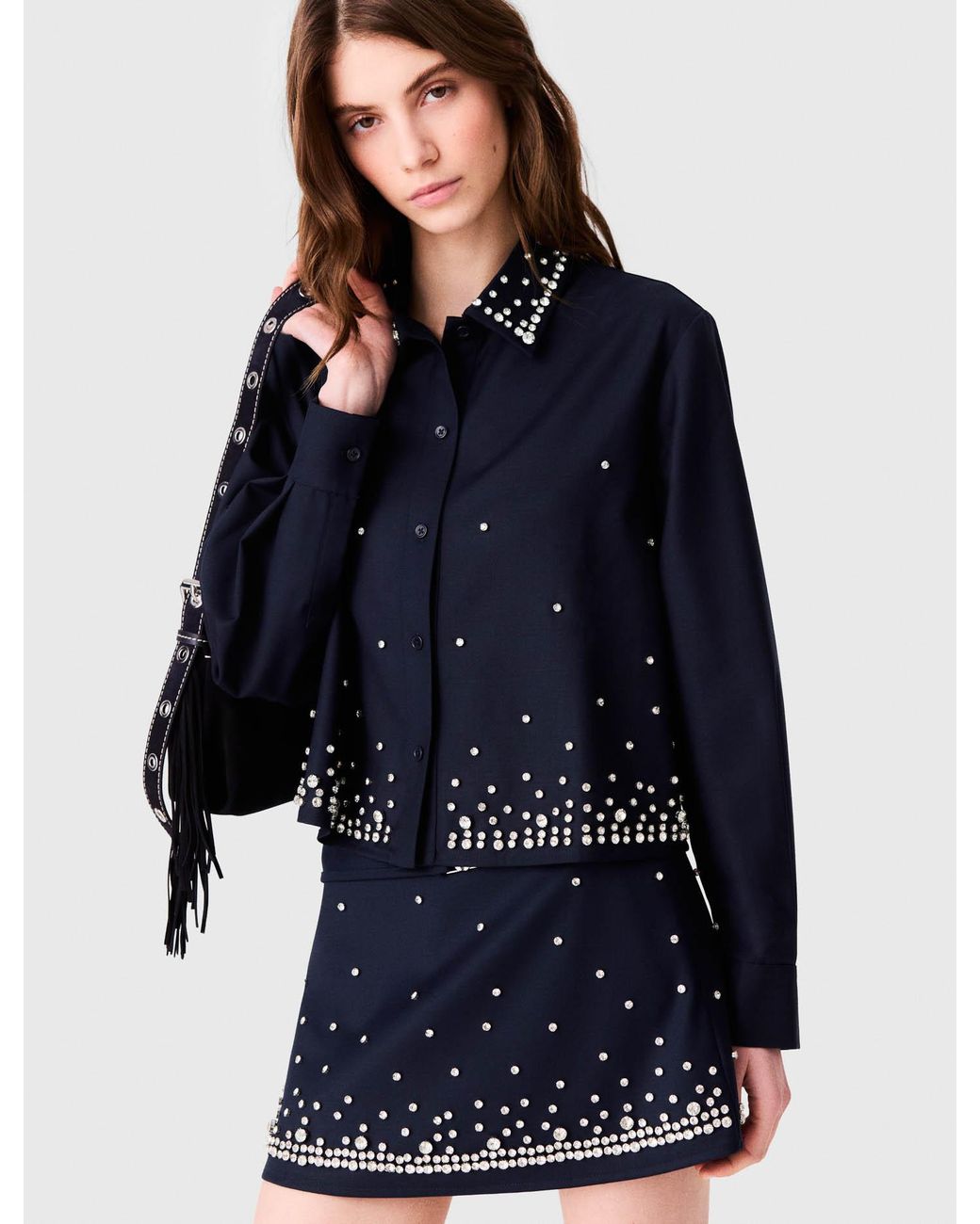 Maje Blue Short Rhinestone Embroidered Shirt