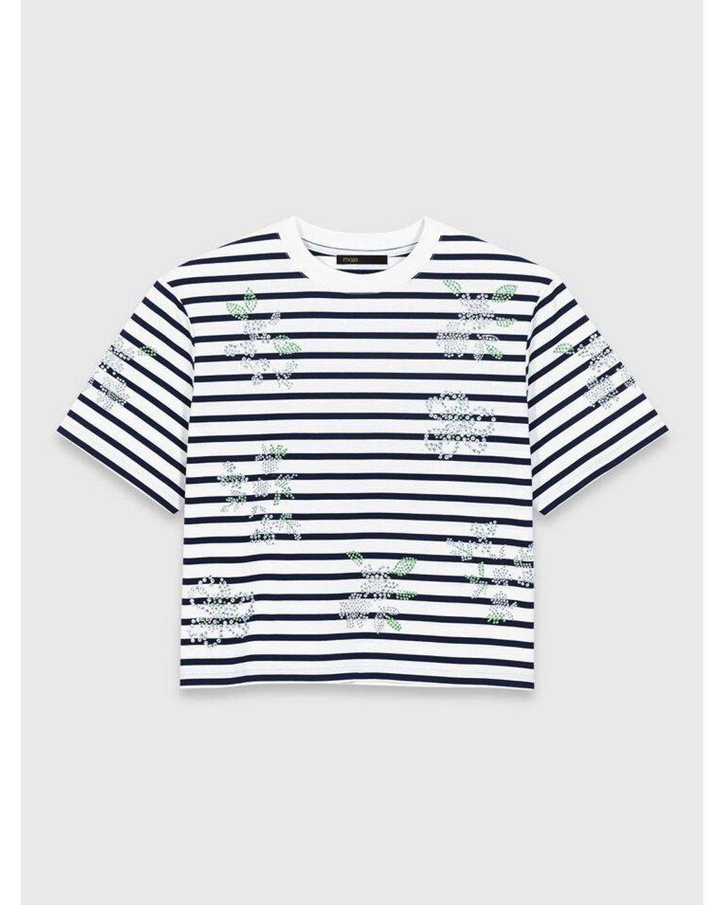 Maje White Striped Rhinestone Flower T-Shirt