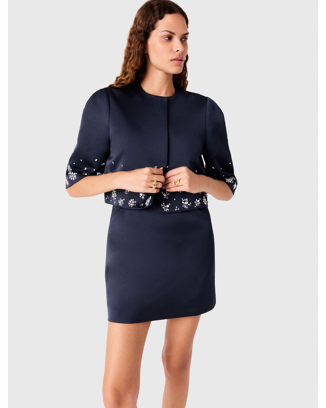 Maje Blue Short Embroidered Satin Jacket