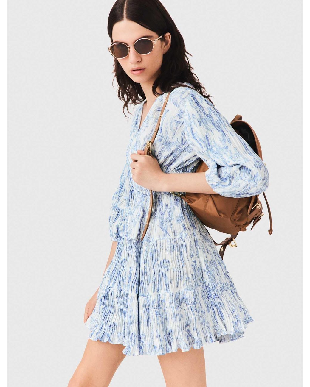 Maje Blue Patterned Pleated Dress