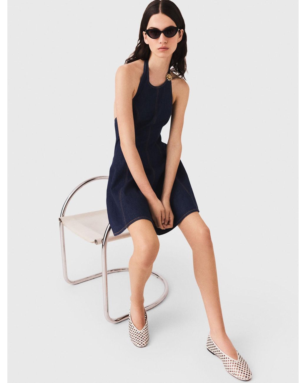 Maje Blue Short Denim Dress With Brooch