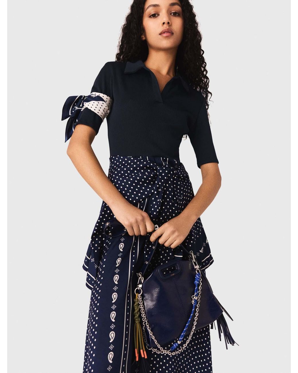 Maje Blue Patterned Mixed-Material Dress