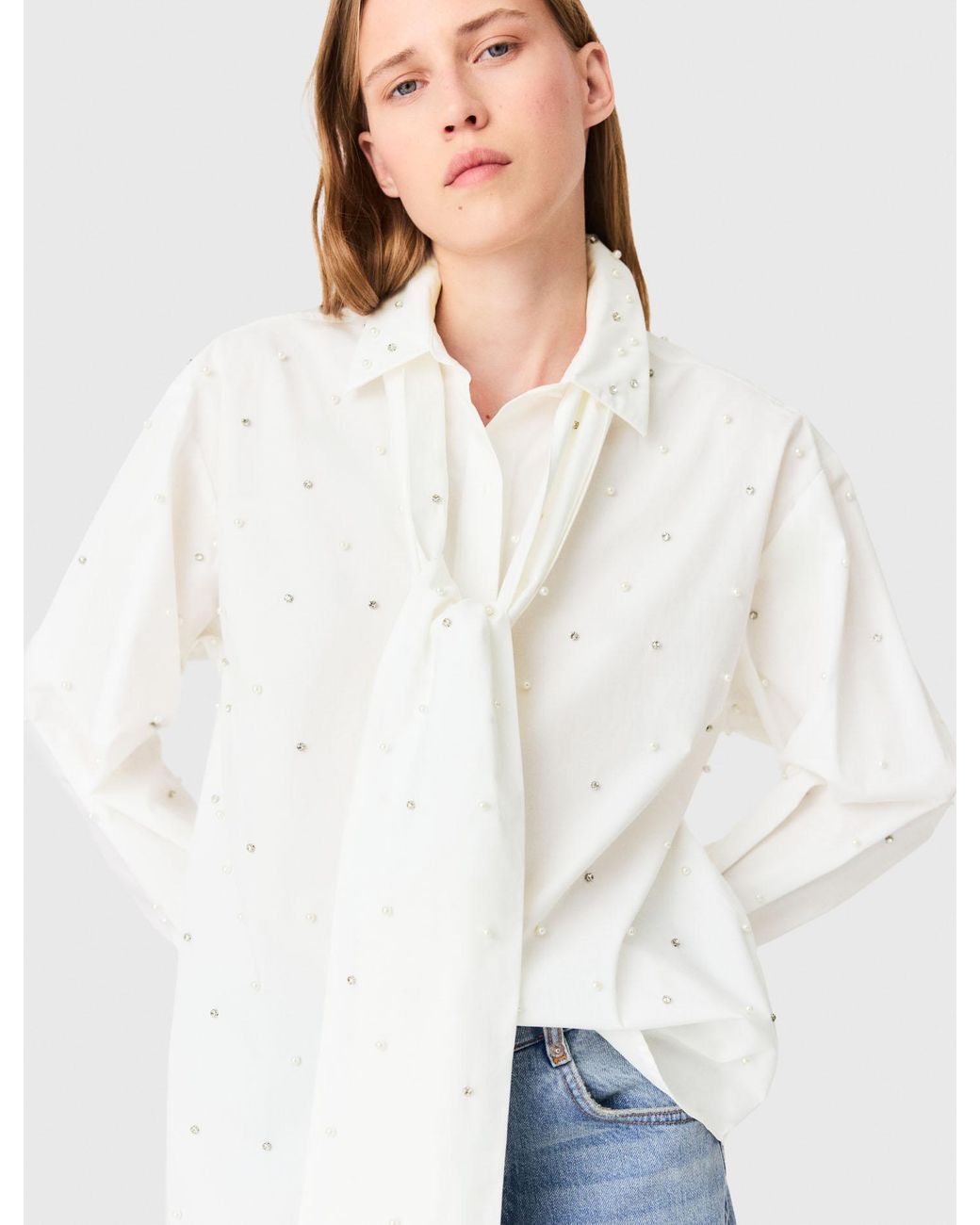 Maje Blue Rhinestone Shirt With Tie