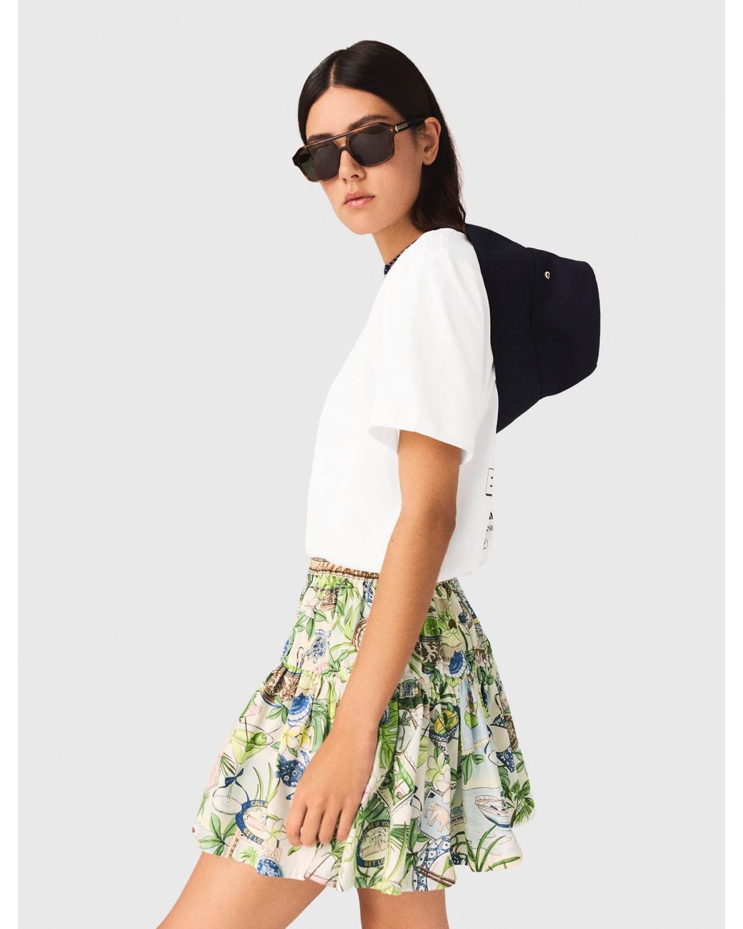 Maje White Printed Ruffled Skirt