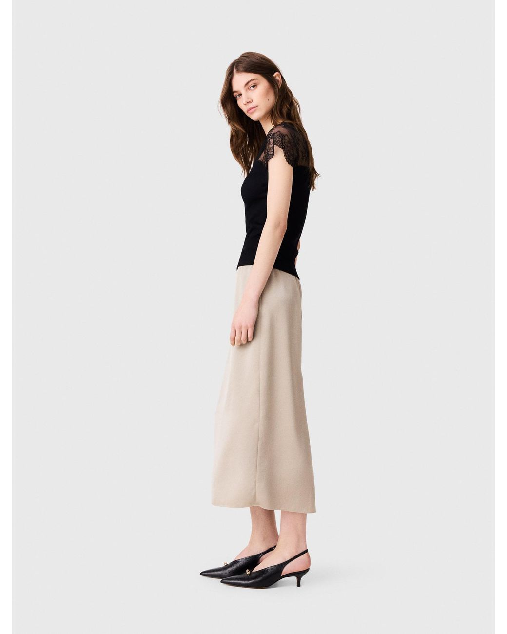 Maje Natural Jersey Top With Lace Trim
