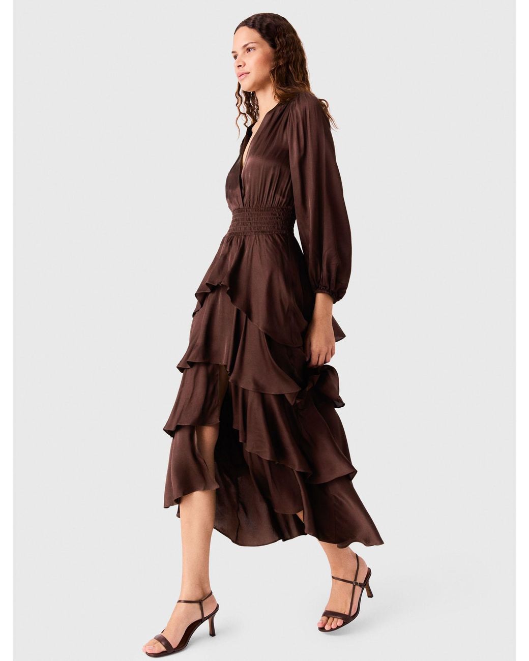 Maje Brown Flowy Ruffled Maxi Dress