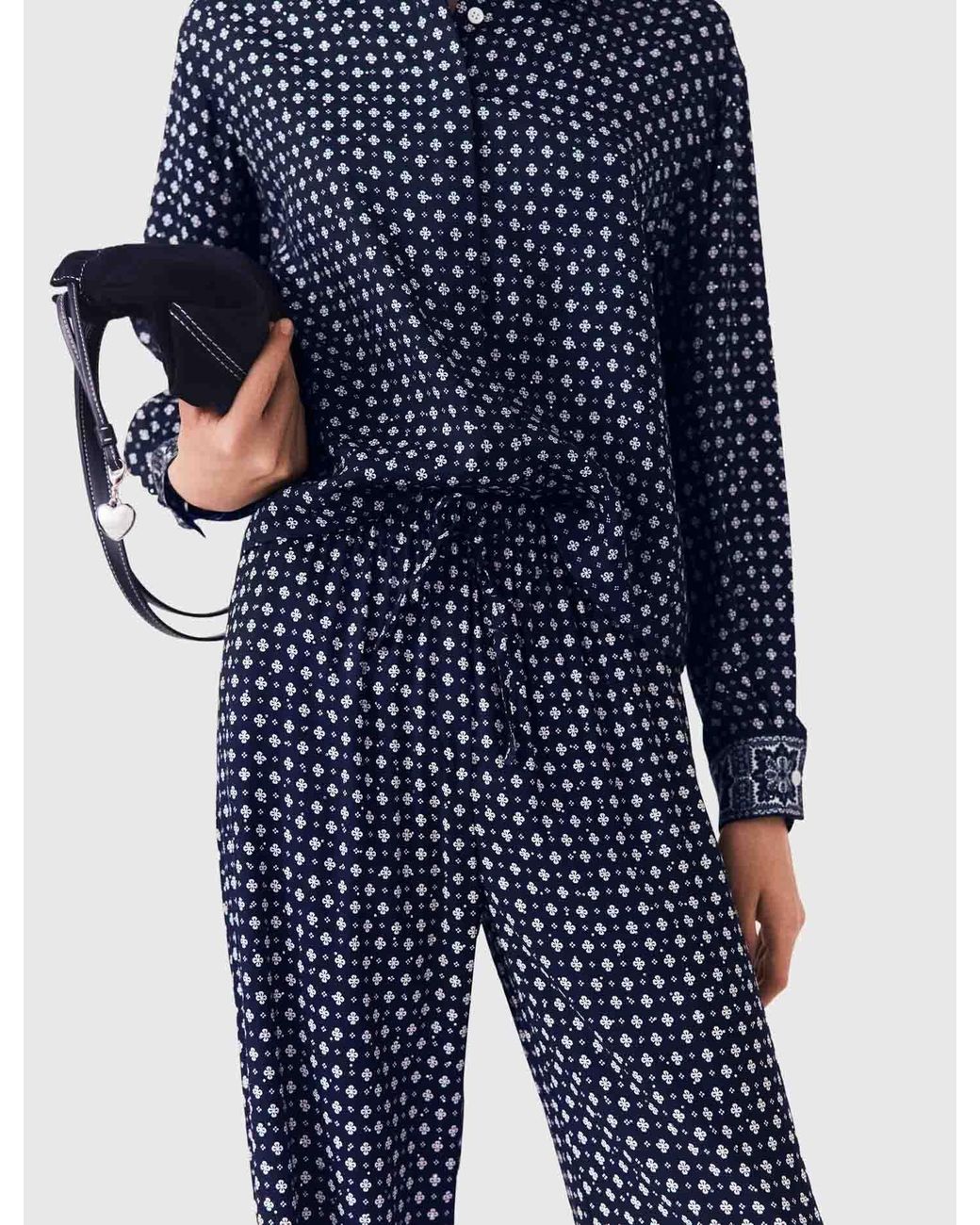 Maje Blue Wide-Leg Trousers With Rhinestone