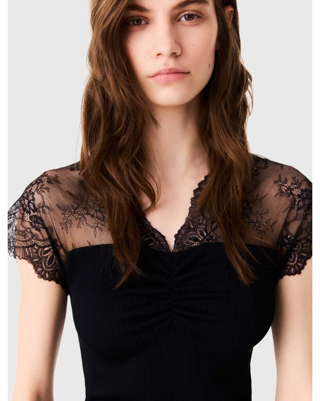 Maje Natural Jersey Top With Lace Trim