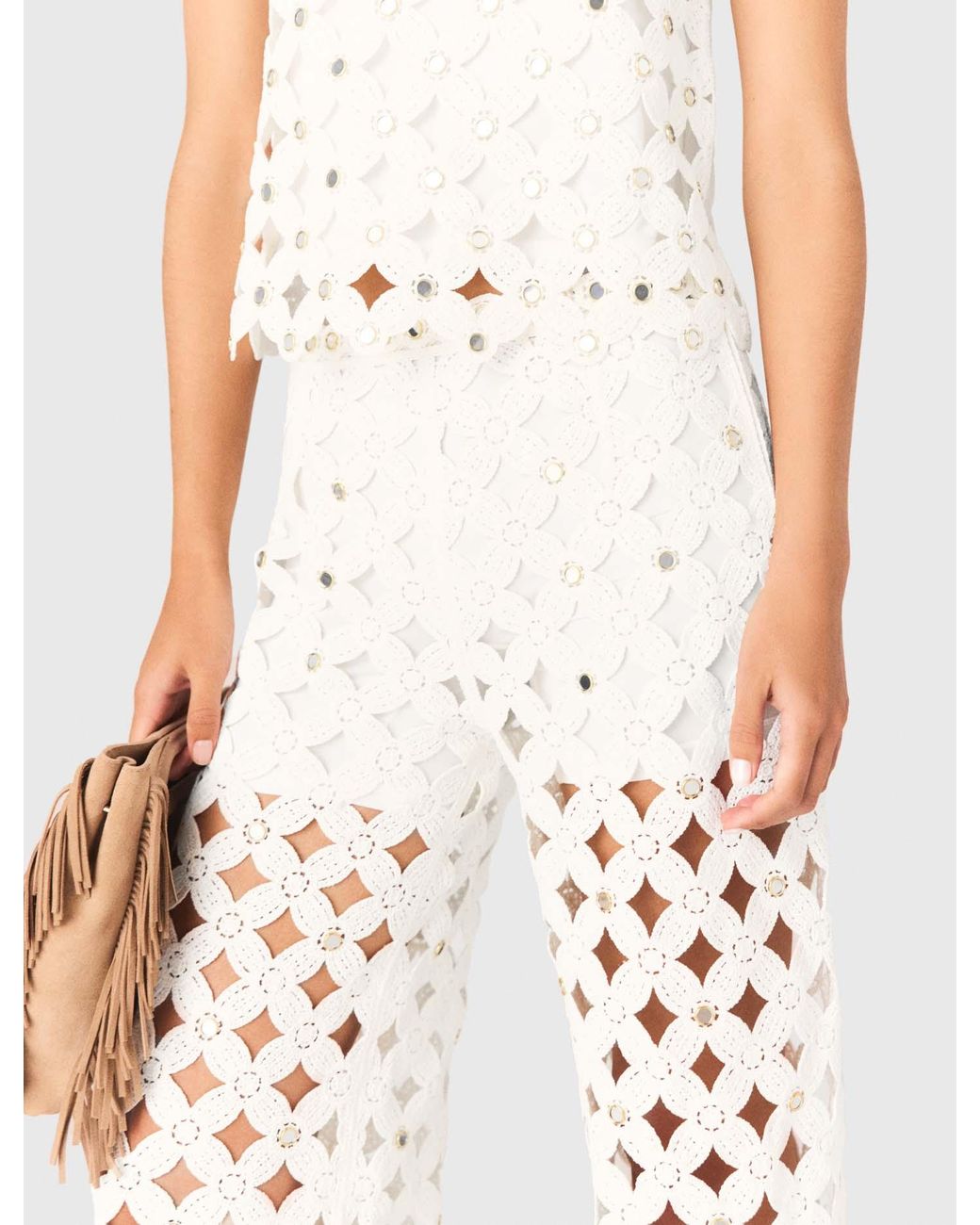 Maje White Crochet Trousers With Mirrors