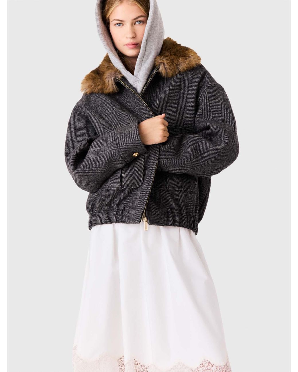 Maje White Faux Fur Collar Jacket