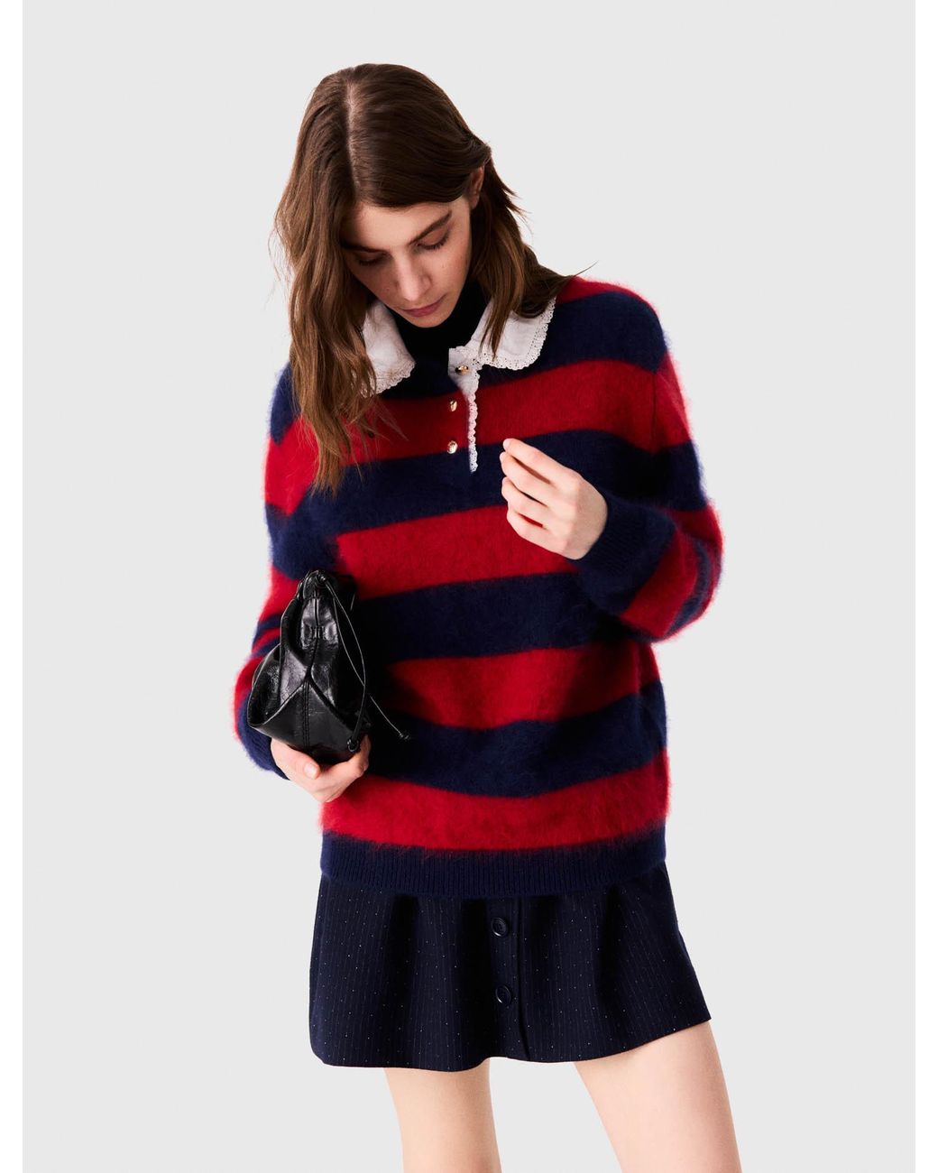 Maje Red Fluffy Jumper With Poplin Collar