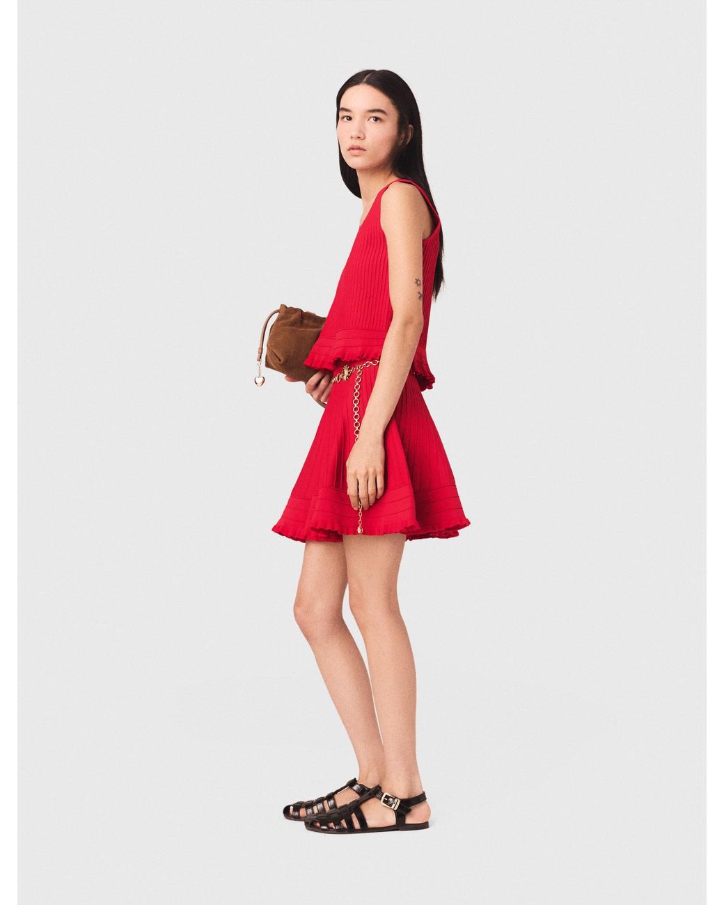Maje Red Ruffled Knit Top