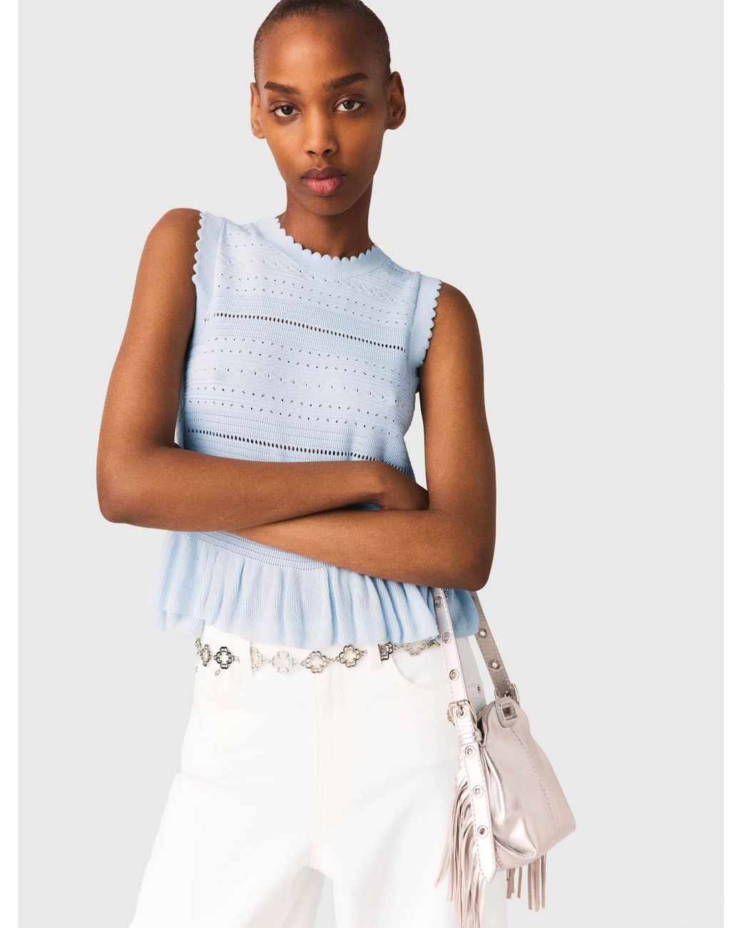 Maje White Ruffled Knit Top