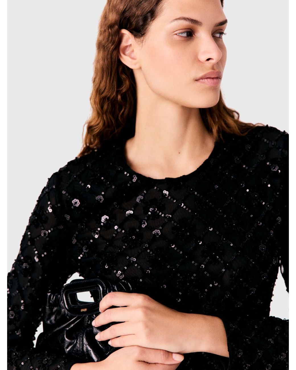 Maje Black Short Rhinestone Velvet Dress