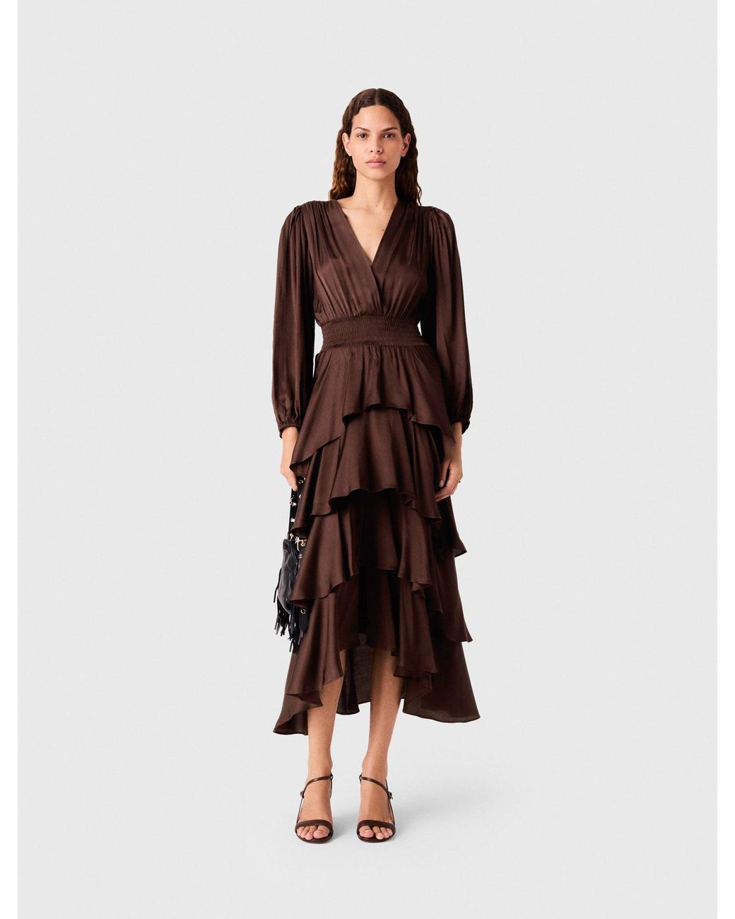 Maje Brown Flowy Ruffled Maxi Dress