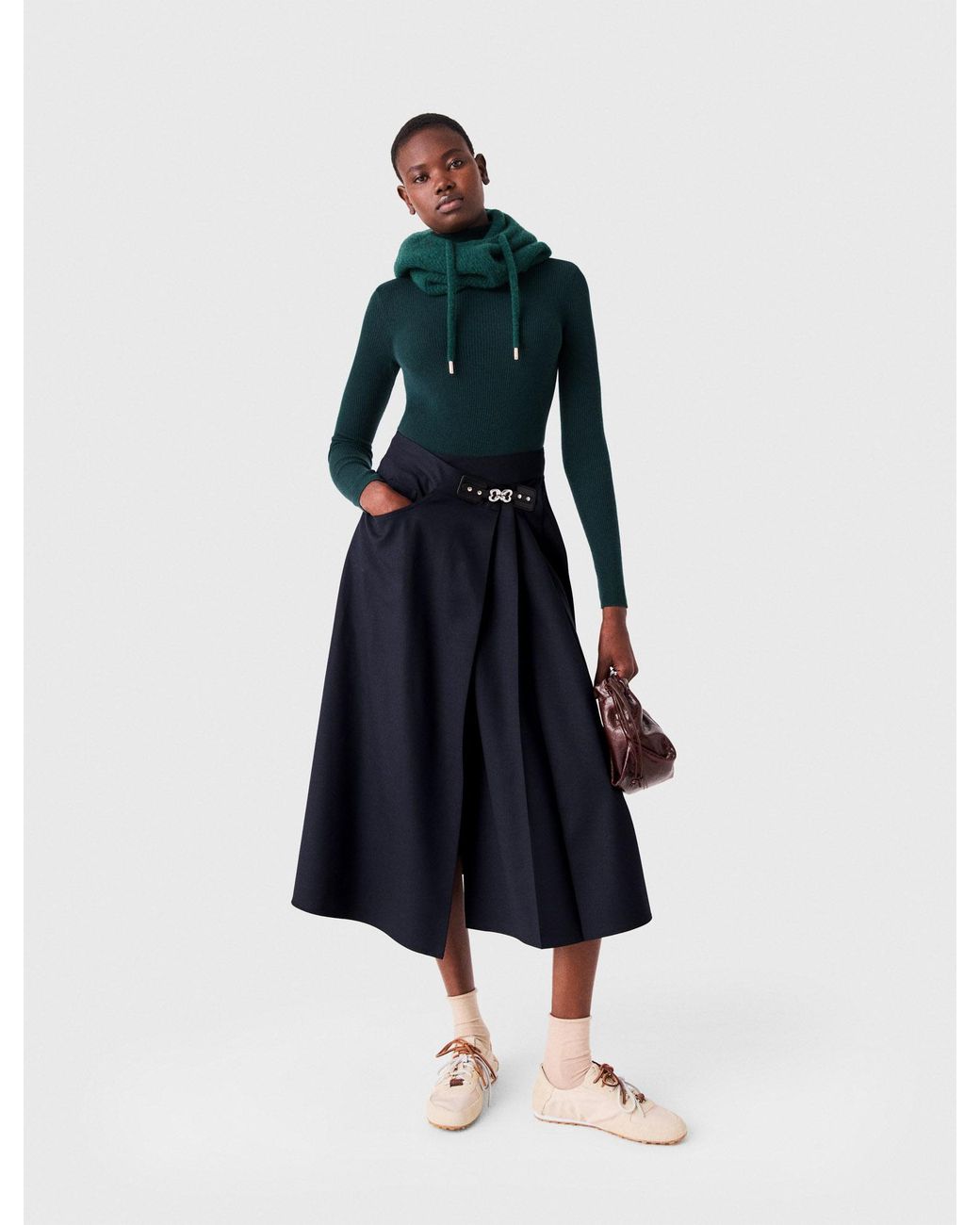 Maje Blue Long Pleated Skirt With Buckle