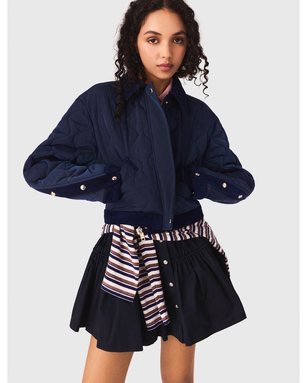Maje Blue Quilted Jacket With Velvet Details