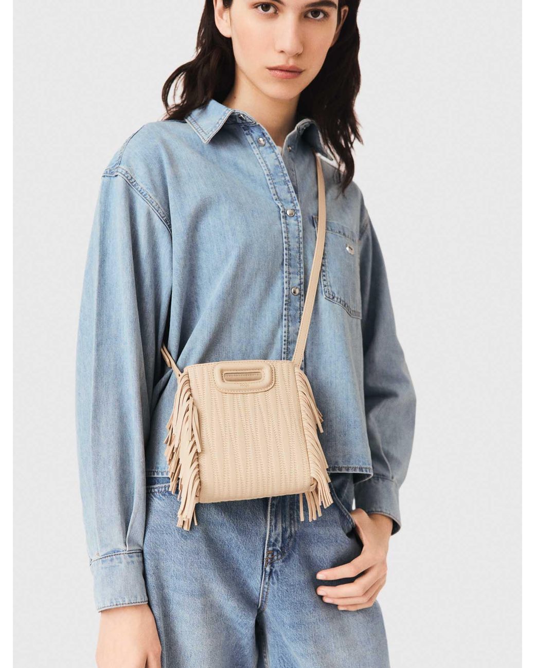 Maje Natural Topstitched Leather Mini M Bag
